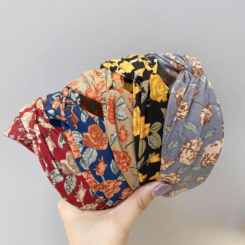 

Korean Fabric Floral Headbands for Women Girls Cross Handmade Hairband Temperament Printed Wide Hairband Hair Accessories