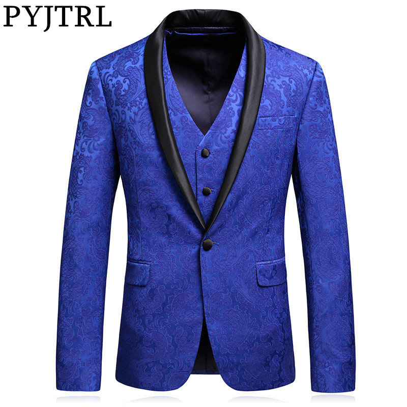 

PYJTRL Men Luxurious Royal Blue Jacquard Slim Fit Single Suit Jacket Classic Shawl Lapel Wedding Banquet Quality Blazer Costume, Only jacket