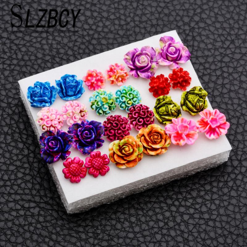

SLZBCY Colorful Rose Flower Stud Earrings Set Resin Red Color Small Ear Earring for Women Girl Hoilday Party Jewery 12Pairs/Set