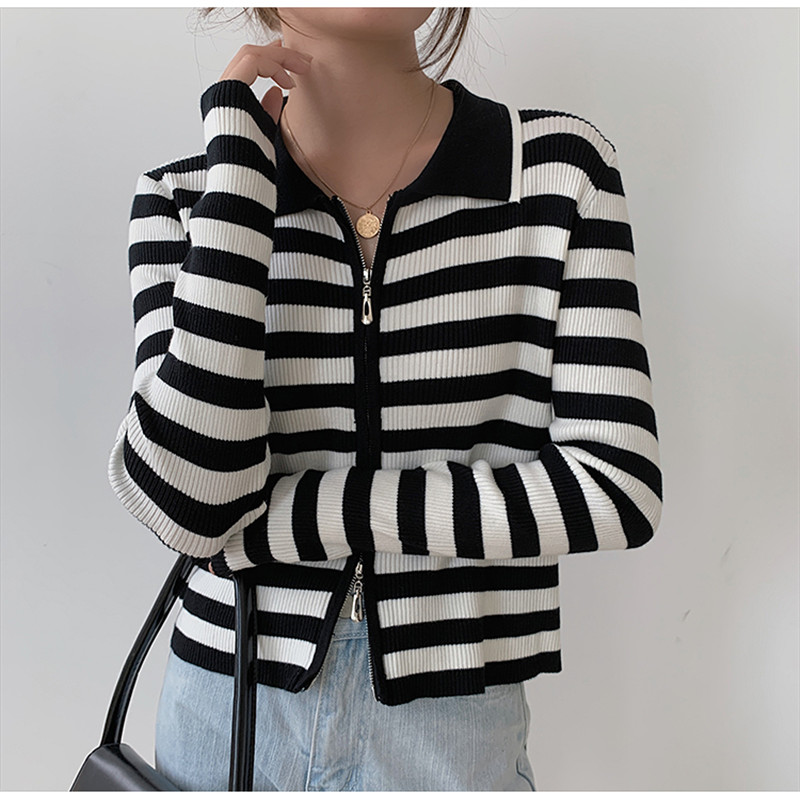 

2020 Autumn New Women Knitted Sweaters Female Cardigan Tops Contrast Striped Zipper Thinny Elegant Office Lady Casual All Match, Black