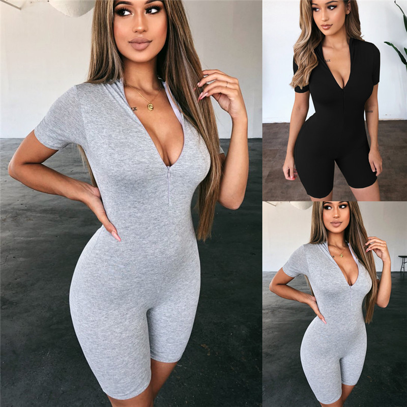 

Sexy Women Zipper V-neck Jumpsuits Fitness Tights Playsuit Costume Short Sleeve Romper Tracksuit For Women, Black
