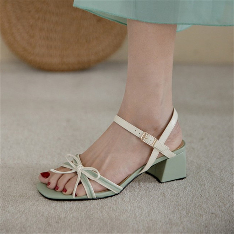 

PXELENA Fashion Med Heels Sandals for Women Bowtie Ankle Strap Dress Party Date Shoes Women 2020 Summer Green Pink Plus Size 43