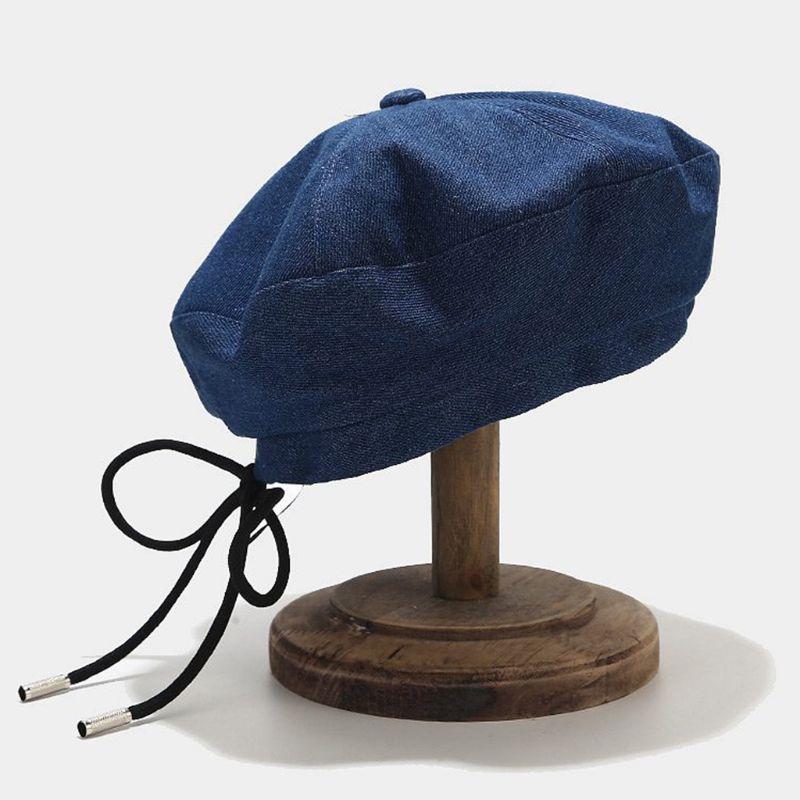 

Japanese Style Women Autumn Denim Cotton Beret Cap Sweet Ribbon Lace-Up Bowknot Vintage Elegant Newsboy Artist Painter Beanie, Deep blue