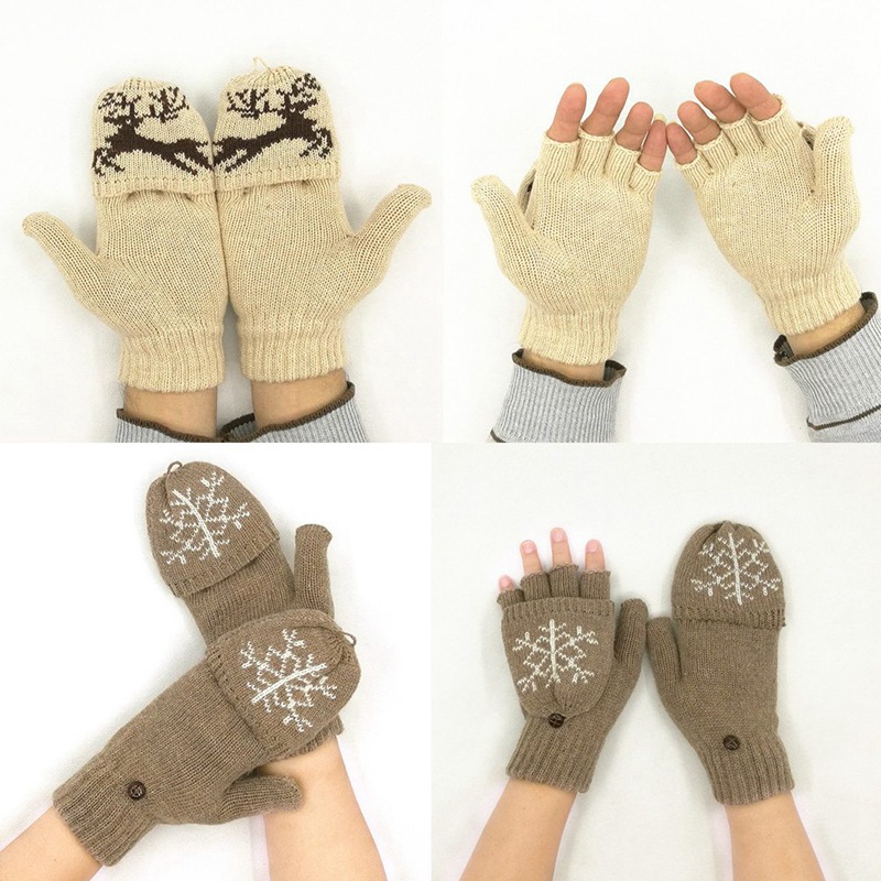

New Women's Winter Half Finger Gloves Cute Snowflake Partten Warm Gloves Twist Knitting Flip Dual-use Warm