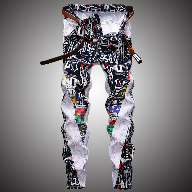 

Streetwear Denim Pants Men Fashion Print Jeans Elastic Slim Fit Pencil Pants Casual Letter Printing Trousers Male, White