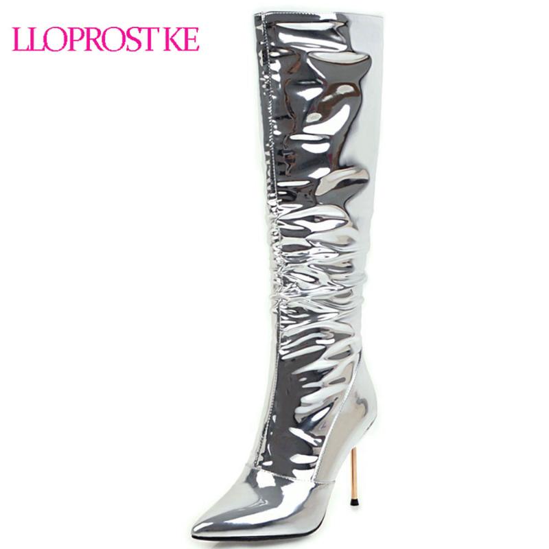 

Lloprost ke Fashion Women Shoes High Heels Knee Boots Sexy Stiletto Pointed toe Female Boot Party Bar Zipper Footwear D185, 1-36 silver