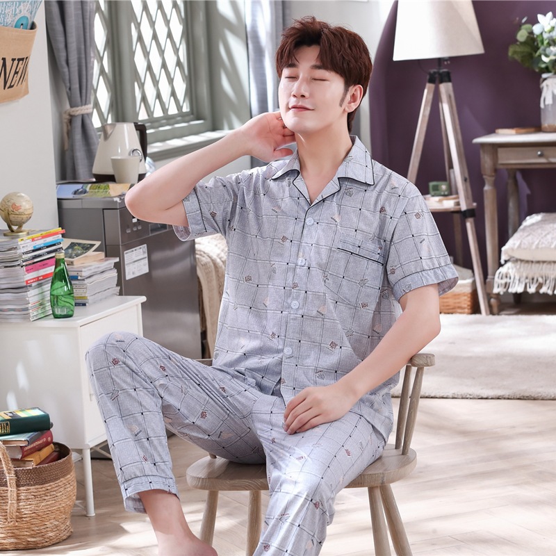 

Men Cotton Pajamas Set pijama hombre Homewear Summer Short Sleeve Trousers Plaid mansleepwear sleepwear men leisure suits, 18-16