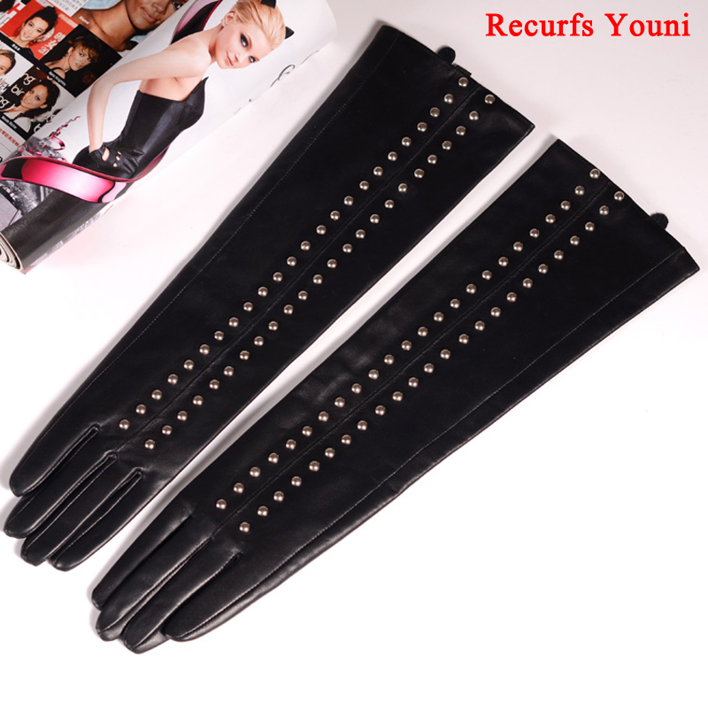 

2020 Winter Genuine Leather 45cm Black Long Gloves For Women Female Locomotive Rivets Thin Lengthened Big Size 2XL Luvas Mujer