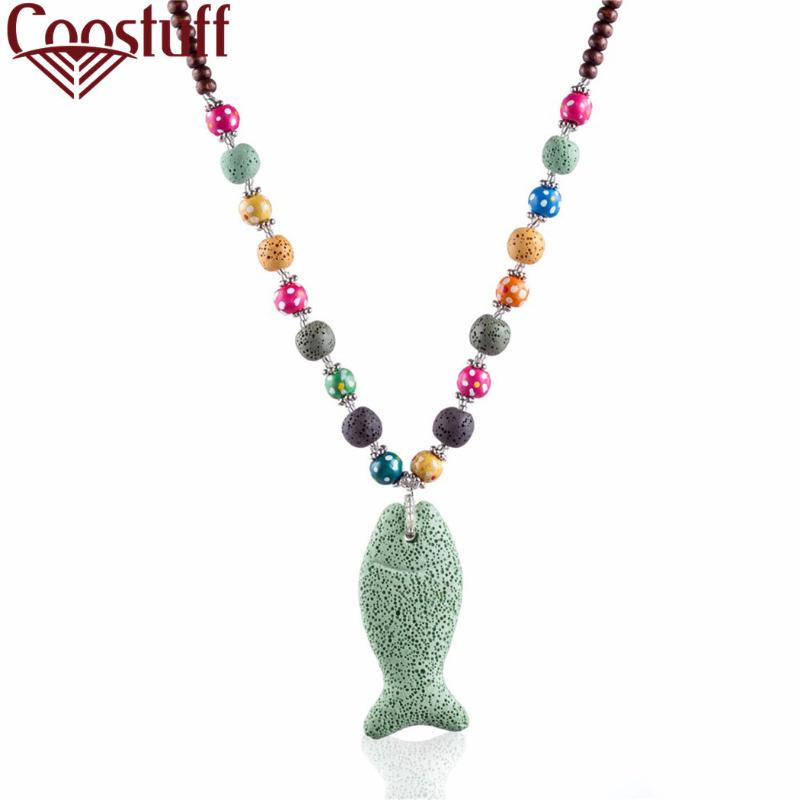 

Colored Nature Lava Stone Beads Fish Necklace Jewellery For Women Long Statement Bohemian Pendants Female Suspension Accessories, Silver