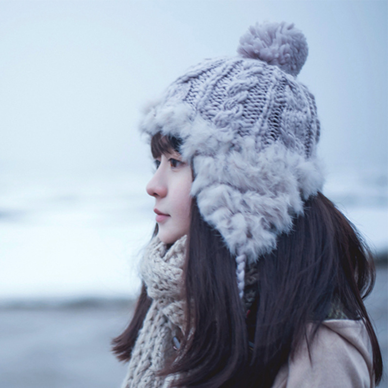 

Women Hats Autumn and Winter Ball Knit Warm Earmuffs Wool Hat Outdoor Solid Color Wild Thickening Hat Cold Hats, Black