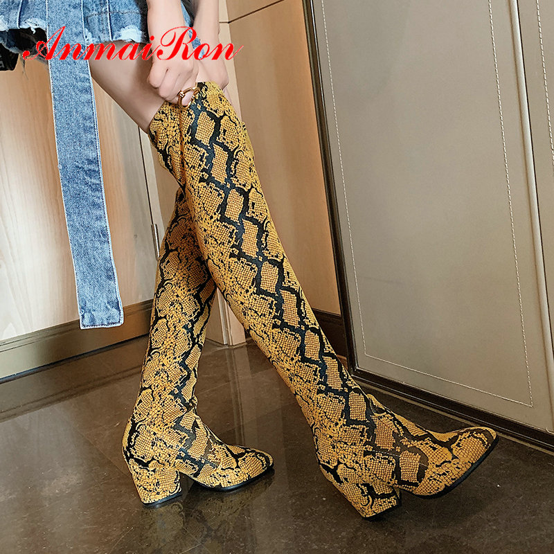 

ANMAIRON 2020 PU Round Toe Womens Boots Wedges Heels Stretch Fabric Over The Knee Boots Serpentine Shoes Woman Size 34-43, Beige
