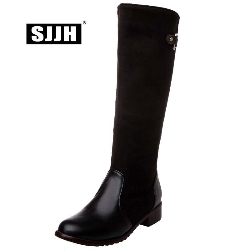 

SJJH Women Patchwork Riding Boots with Round Toe Square Heel Plush Zip Knee-High Boots Fashion Sexy Formal Shoes Large Size Q401, Wine red