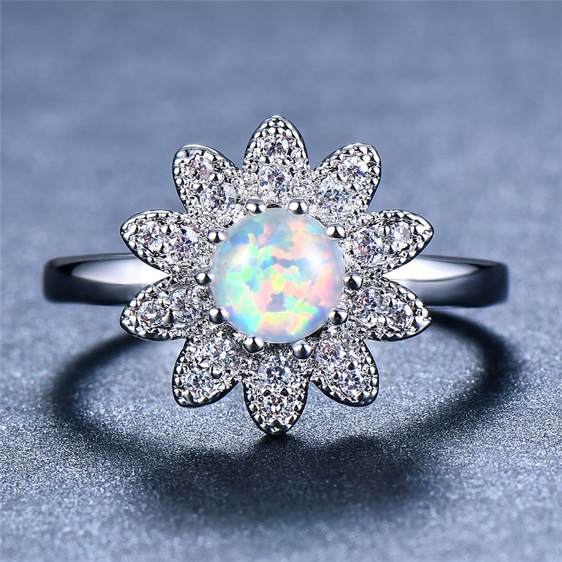 

Boho Female Sunflower CZ Wedding Ring Cute White Fire Opal Rings For Women Promise Silver Color Love Engagement Ring