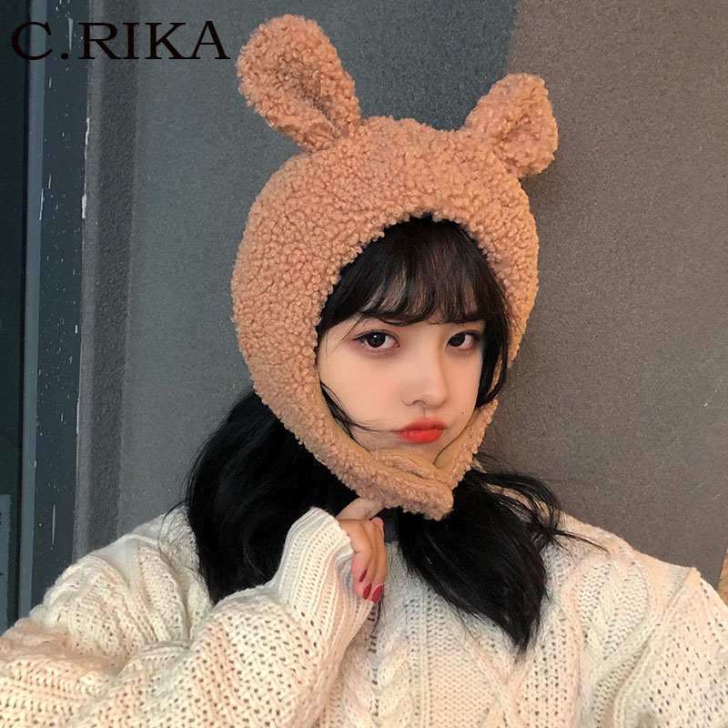 

Autumn Winter Cute Ear Lambswool Beanies Hat Women Girls Solid Faux Fur Warm Skullies Beanies Lady Outdoor Fashion Funny Hat, White