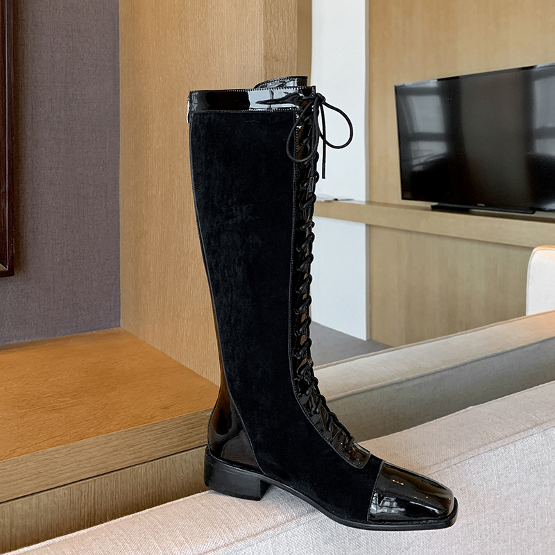 

Winter New style Genuine leather Knee-high boots Women boots Motorcycle Snow warm After the zipper Women shoes, Black