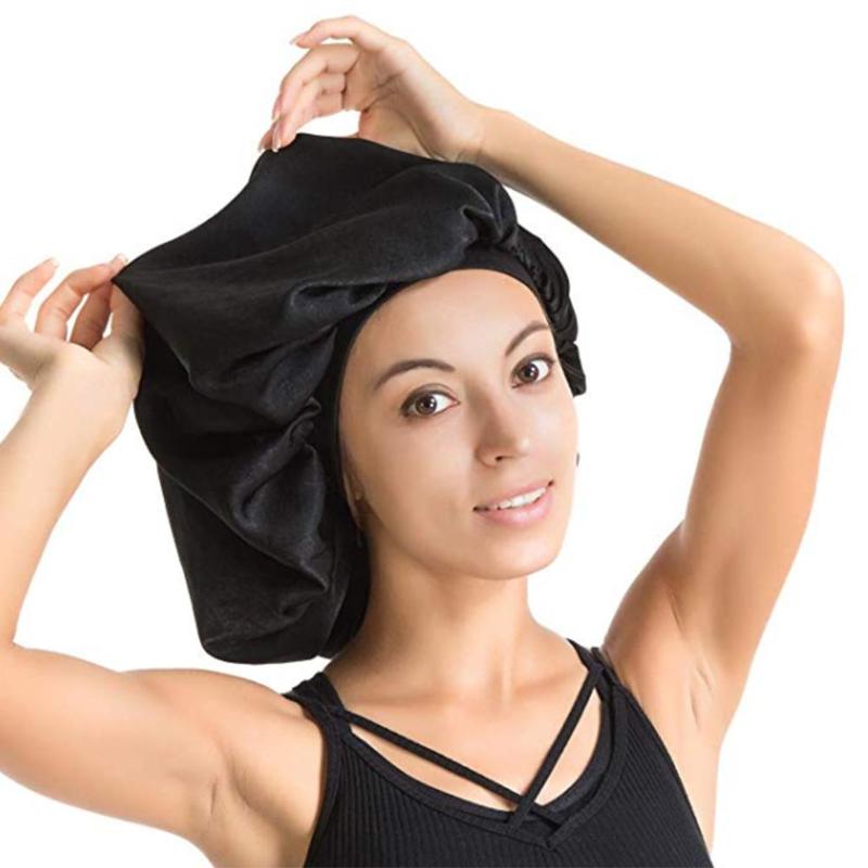 

High Quality Super Giant Waterproof Shower Female Hair Care Cap Large Satin Silk Bonnet Sleep Cap Luxurious Fabric Black