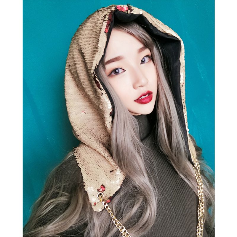 

Womens Reversible Fish Scales Sequins Hood Hat Halloween Party Cap with Chain 24BC