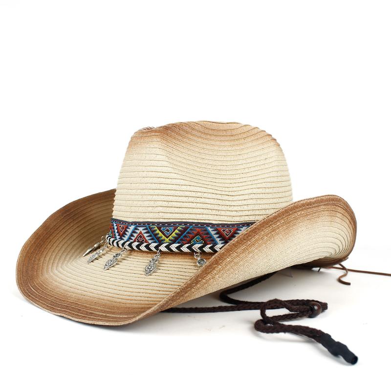 

Bohemian Tassel Women Hollow Western Cowboy Hat Lady Summer Straw Sombrero Hombre Beach Cowgirl Jazz Sun Hat Wind Rope, Khaki