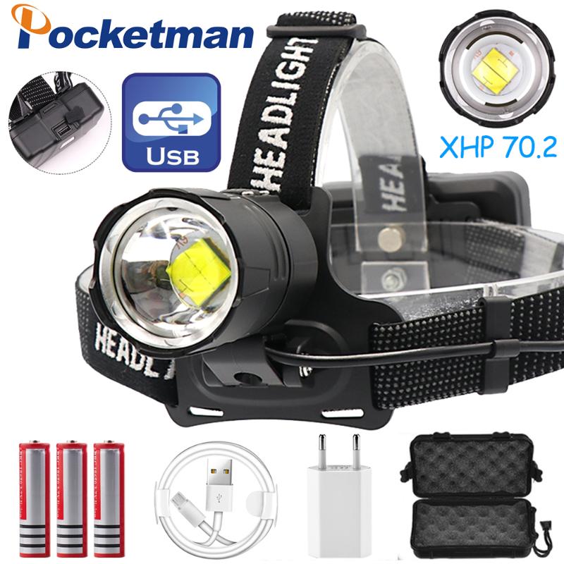 

Super Bright Rechargeable LED Headlamp XHP70.2 Powerful Headlight XHP70 Zoom High Power Headlamp Torch Headlight Camping Fishing