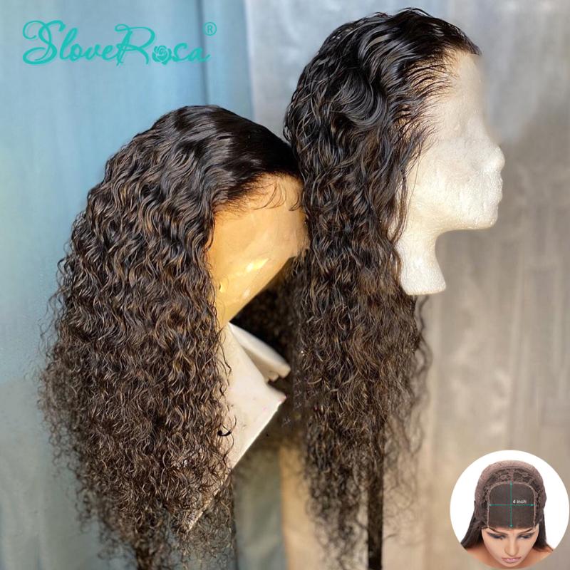 

Glueless 4x4 Lace Closure Wigs Sassy Curly Human Hair Wigs 150% For Women Black Color Peruvian Remy Hair Lace Slove Rosa, As pic