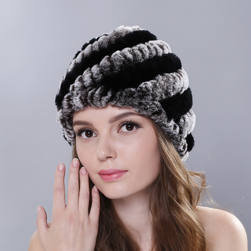 

Fashion Natural Fur Women Winter Warm Beanies Knitting Pineapple Cap Beanie Hat Ears Warmer Knitted Caps Hats for Girl, Grey