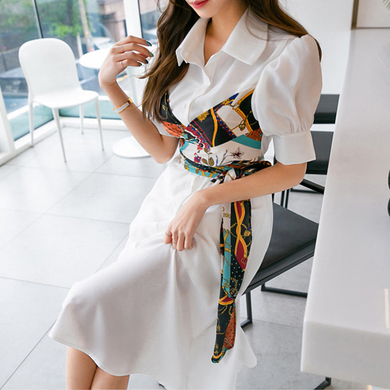 

Korean Style 2020 Summer Women Elegant Fake Two Piece Shirt Dress Office Lady Fashion Print Bow Belt Patchwork Midi Long Dress, White