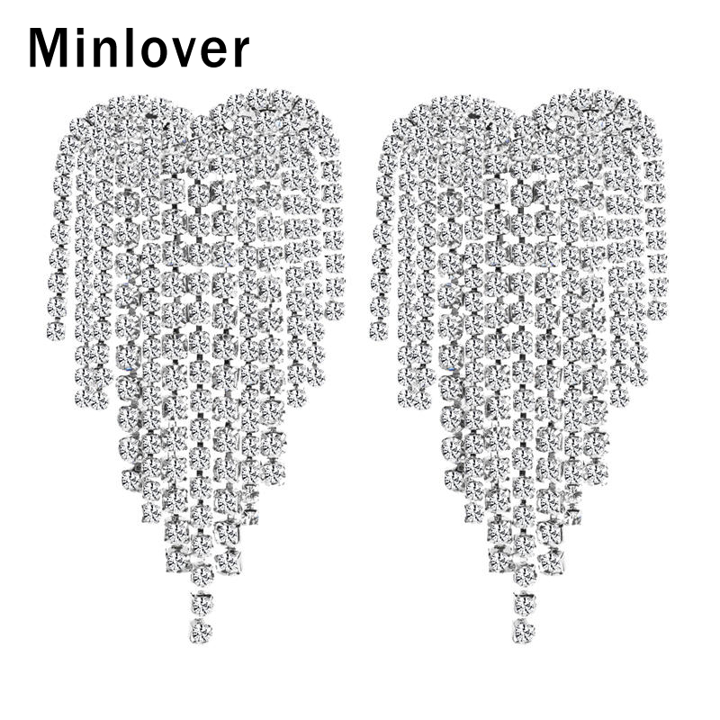 

Dangle & Chandelier Minlover Siver/Gold Bride Tassel Wedding Drop Earrings For Women Rhinestone Heart Shape Chain Earring Prom Jewelry EH124
