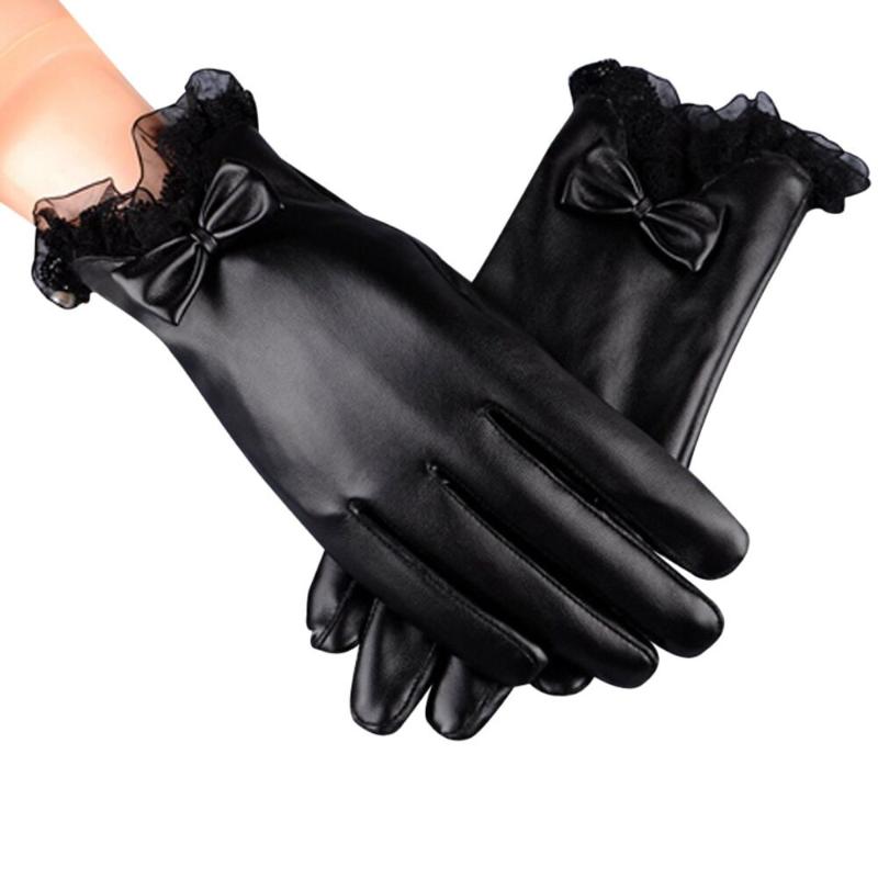 

Fashion Women Gloves Plus Velvet Bow Outdoor Warm Windproof Mittnes Full Fingers PU Leather Waterproof Gloves handschoenen luvas