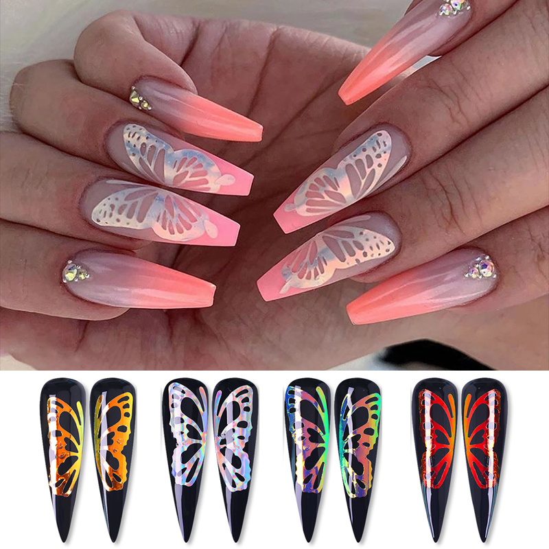 Holographic Laser Fluorescent Butterfly Wings Nails Sticker 3D Self Adhesive Glitter Colorful Nail Art Transfer Decal Stickers Manicure Tool-image-584811096