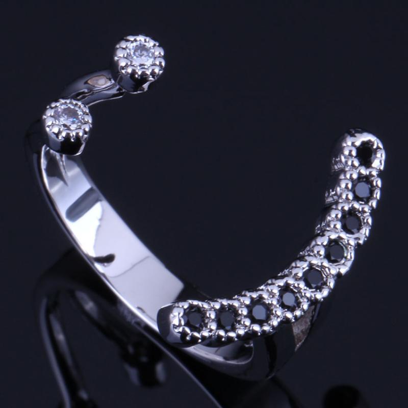 

Distinctive Smile Black Cubic Zirconia White CZ Silver Plated Open Ring V0663