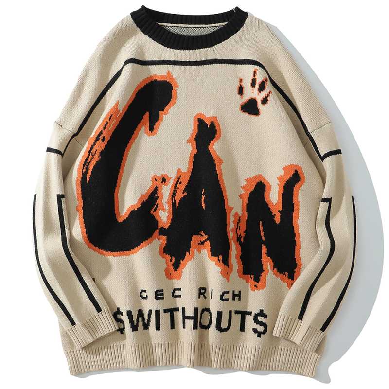 

Knitted Sweater Men Vintage Sweatshirt Men 2020 Letter Print Loose Pullovers Casual Cozy Sweaters Oversized Hip Hop Streetwear, Khaki