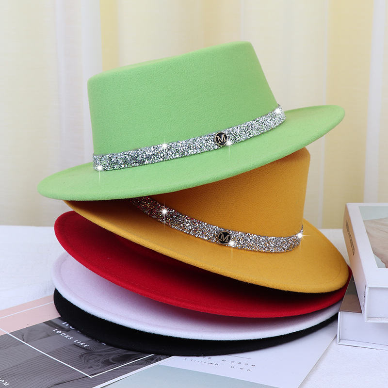 

Ladies British Woolen Hat Women's Rhinestone Flat Top Fedoras Female Winter Hats, White