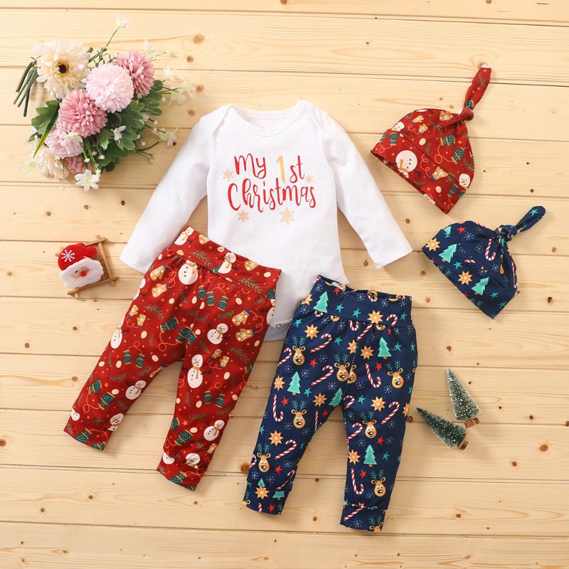 

My First Christmas Letter Newborn Infant Baby Boys Girls Sets Clothing 1st Christmas Romper Tops Pants+hat Xmas Outfits Set, Blue