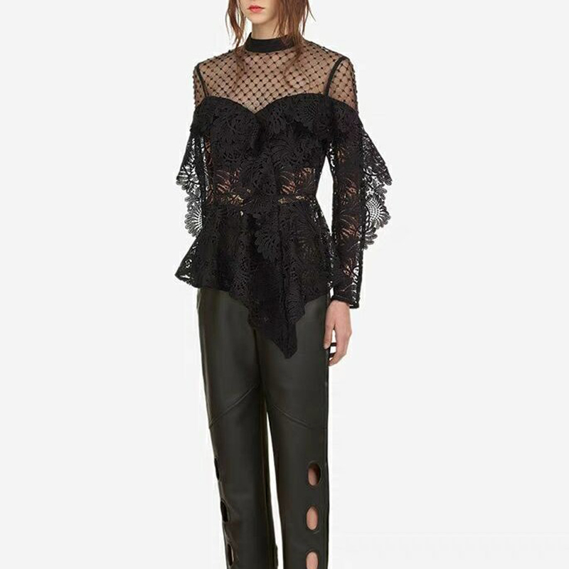 

New Black Patchwork Frilled Round Neck Sheer Floral Long Sleeve Sexy Fashion Tumblr Harajuku Korean Style Lace Tops 56-4.9