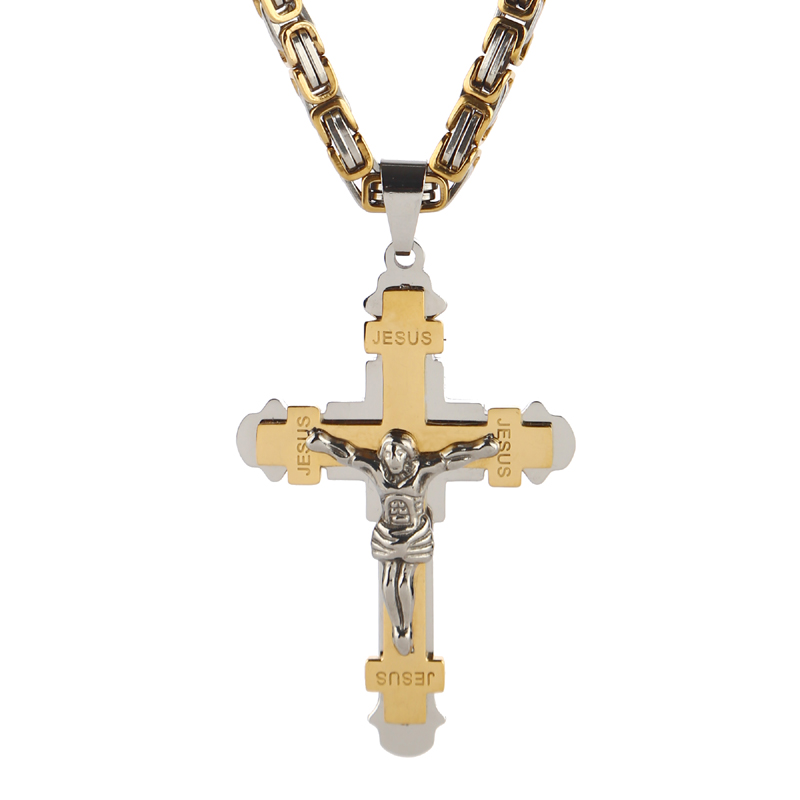 

Punk Stainless Steel 24" 5mm Choker Link Byzantine Jewelry Sets Chain Necklaces Pendant Jesus Cross for Men Gold Color, As pic