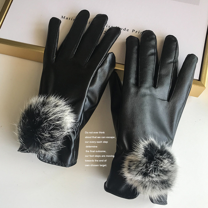 

2020 ladies touch screen gloves PU leather gloves fur ball imitation leather outdoor cycling warm