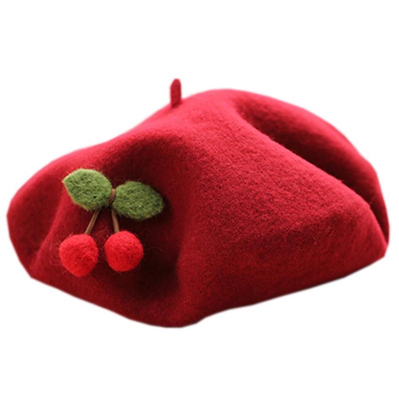 

Sweet Girls Cherries Wool Beret Beanie Top Hat, White