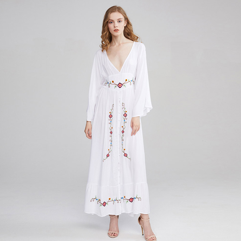 

Summer Bohemian holiday beach holiday dress ethnic style retro embroidery deep V collar horn sleeve solid color long dress, White