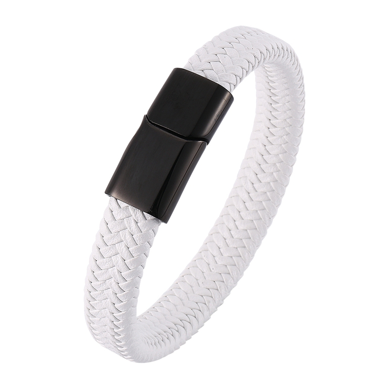 

2020 Fashion Men Bracelet&Bangles White Braided Leather Bracelet Trendy Steel Clasp Male female Jewelry Gift BB0006