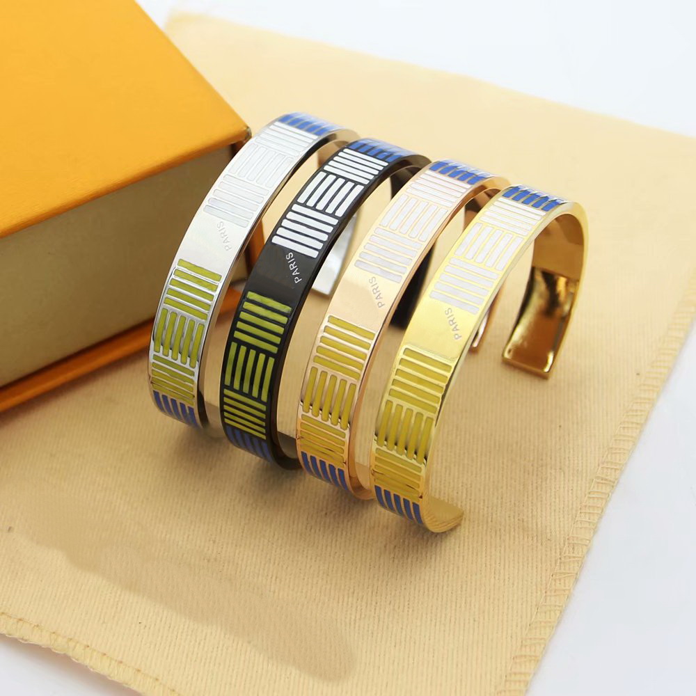 

Europe America Fashion Style Lady Women Titanium steel Engraved V Initials Enamel Stripe C-shape Open Bangle Bracelet 4 Color, Black