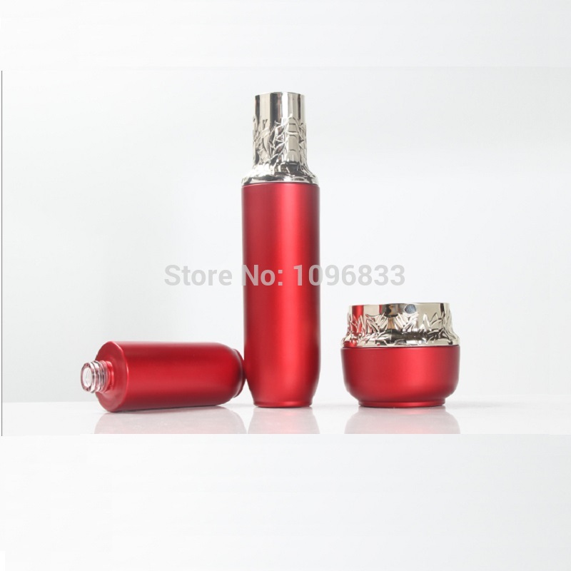 

120ml 100ml 40ml Empty Red Glass Bottle Cosmetic Packaging Container Glass Lotion Pump Bottle 50G Jar Silver Cap 8pcs/Lot