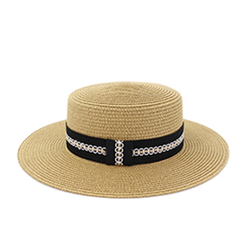

2020 Summer Unisex Handmade Natural Wheat-Straw Women Sun Hat With Wide Brim Flat Top Hats Men Beach Solid Caps, Pink