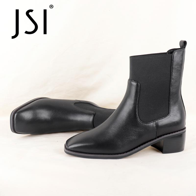

JSI Ankle Boots Winter Black Woman Patchwork Genuine Leather Square Toe Ankle Boots Ladies High Square Heel Short JC806