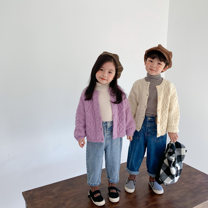 

Korean style children fashion knitted twisted warm 3 colors sweaters Boys and girls solid color soft casual loose cardigans, Beige