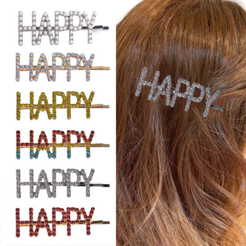 

Fashion English Alphabet HAPPY Crystal Rhinestone Hairpin Side Bangs Hair Clip X7YA