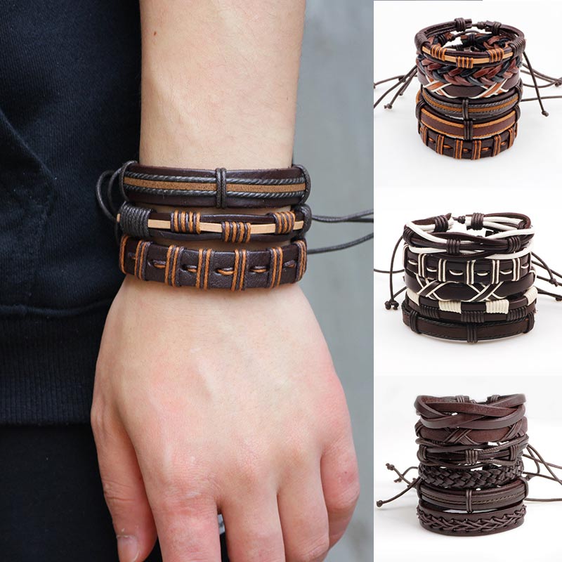 

PU Adjustable Gifts Handmade 1Set Brown Leather Knit For Men Wrap Bangle Party Gifts Rope Bracelet Bracelets Black Party