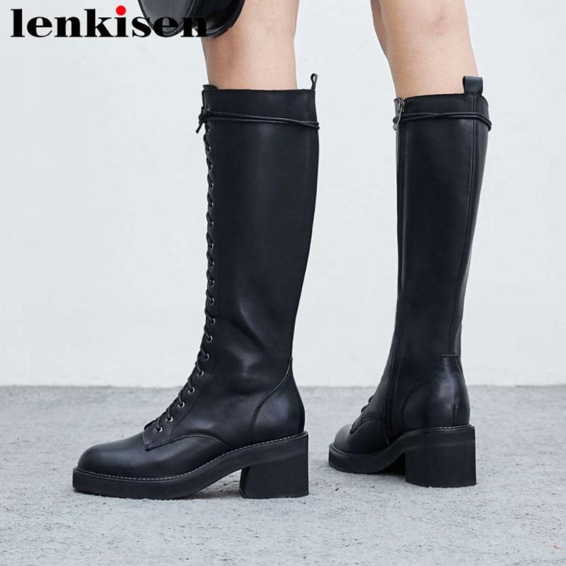 

Lenkisen cow leather med thick heels metal zipper knee-high boots round toe handsome streetwear concise motorcycle boots L97, Black