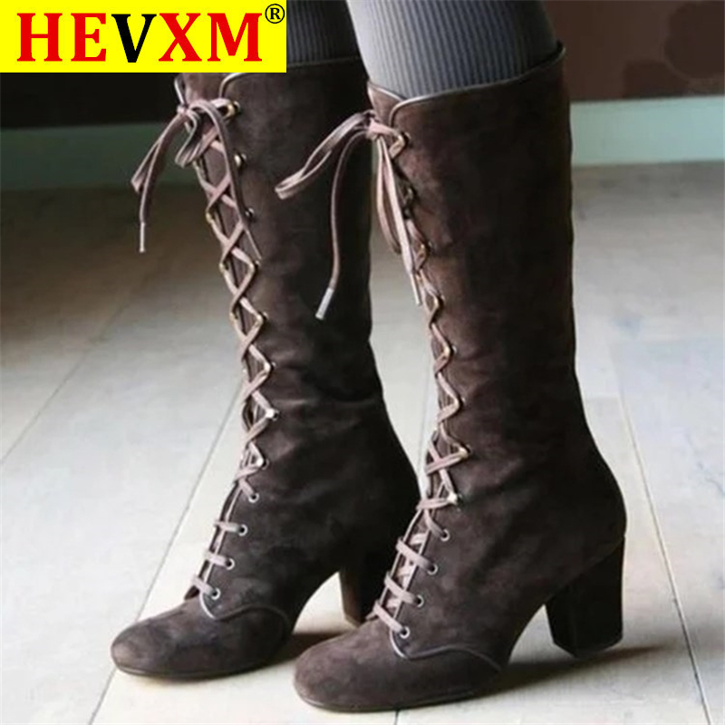 

2020 Black boots women Shoes knee high Women Casual Vintage Retro Mid-Calf Boots Lace Up Thick Heels Shoes, Dark brown