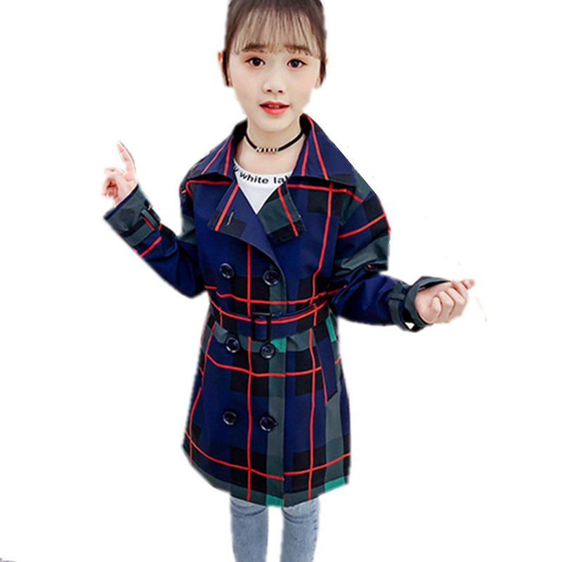

2020 New Kids Girls Jackets Plaid Children Windbreaker Belt Long Coat Retro Trench Overcoat Spring Autumn 4-13T Baby Girl Jacket, Navy