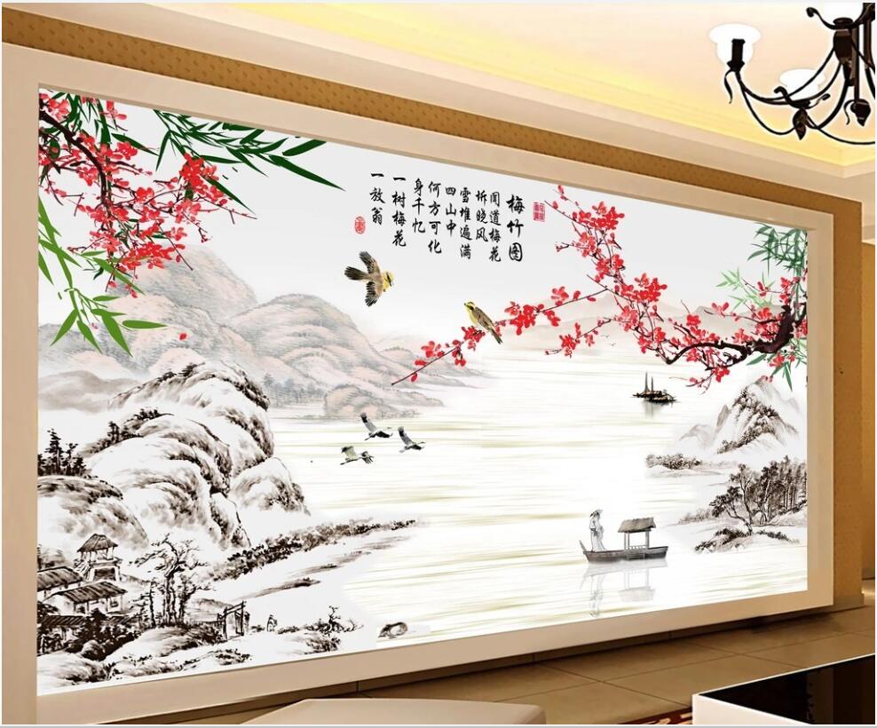

3d photo wallpaper custom mural Chinese style bamboo plum blossom ink landscape home decor photo wallpaper in the living room, Non-woven wallpaper